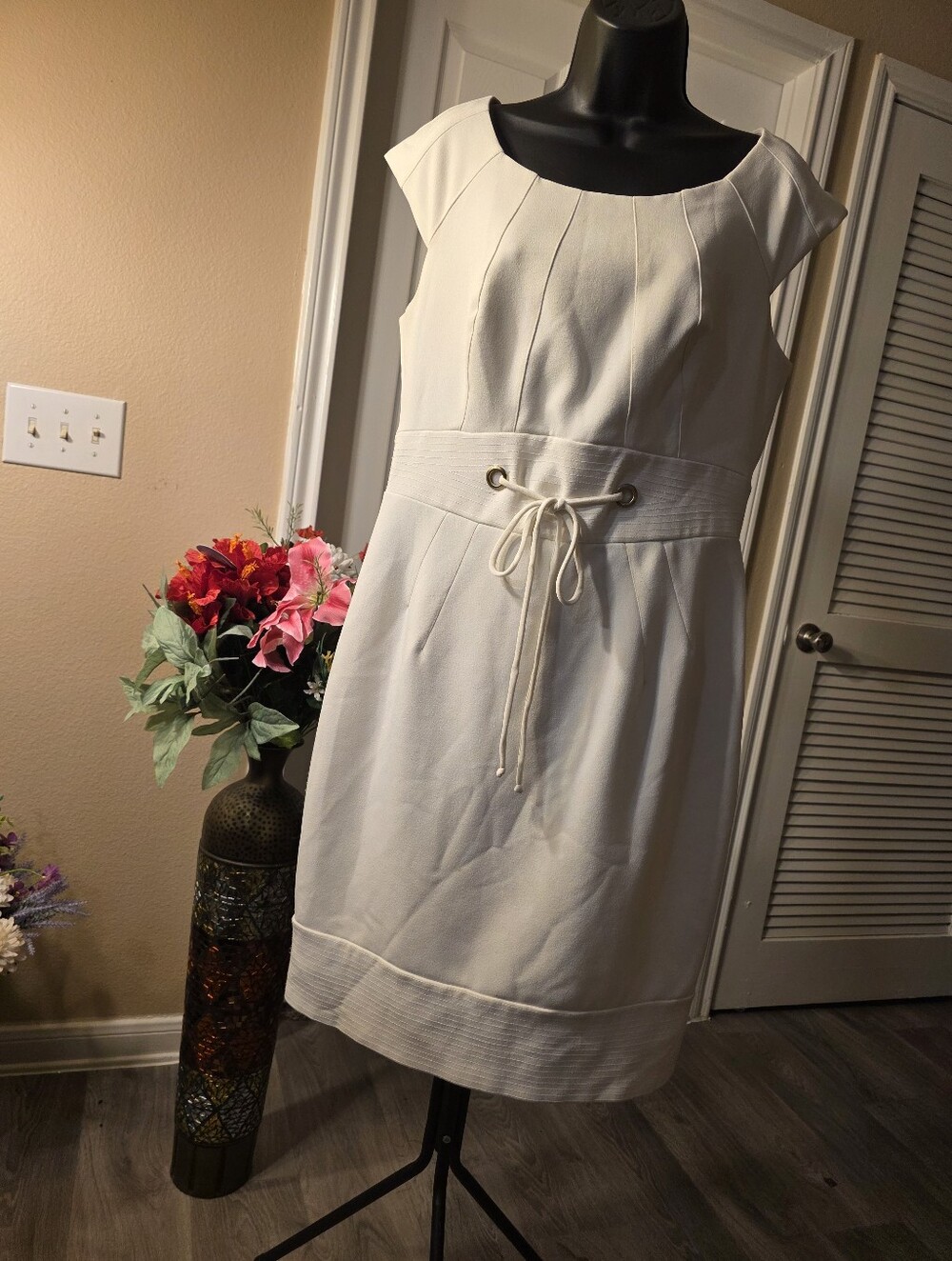 Chetta B White Cap Sleeve Midi Dress with Drawstring Waist
